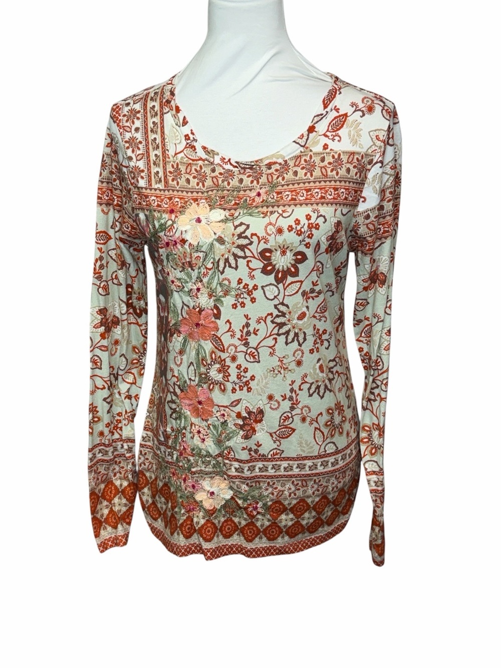 Sundance Floral Long-Sleeve Embroidered Top in Cream and Rust